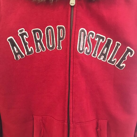 Aeropostale hoodie faux fur lined zip red velvet spell out Y2K women L skater - Picture 3 of 7